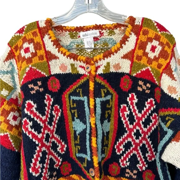 MFA Boston Chunky 100% Wool Vintage Blanket Cardigan Sweater - Size XL - Picture 2 of 11